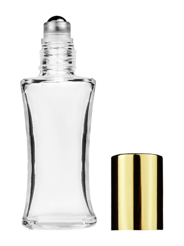 Daisy design 10ml, 1/3oz Clear glass bottle with metal roller ball plug and shiny gold cap.