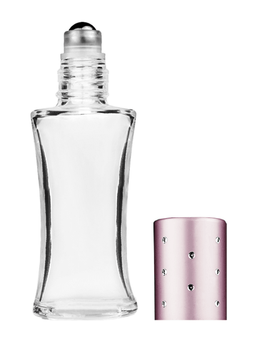 Daisy design 10ml, 1/3oz Clear glass bottle with metal roller ball plug and pink cap with dots.
