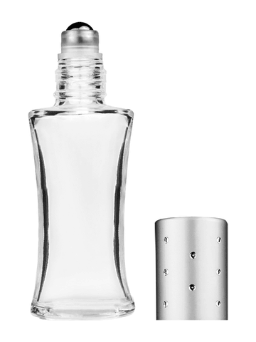 Daisy design 10ml, 1/3oz Clear glass bottle with metal roller ball plug and silver cap with dots.