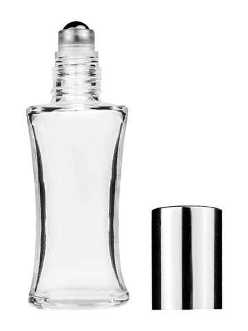 Daisy design 10ml, 1/3oz Clear glass bottle with metal roller ball plug and shiny silver cap.