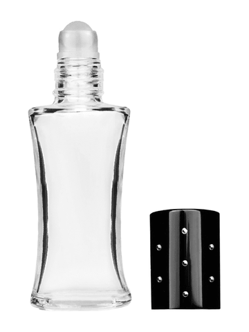 Daisy design 10ml, 1/3oz Clear glass bottle with plastic roller ball plug and black shiny cap with dots.
