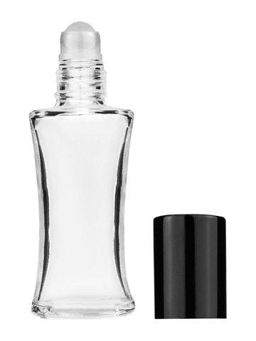 Daisy design 10ml, 1/3oz Clear glass bottle with plastic roller ball plug and black shiny cap.
