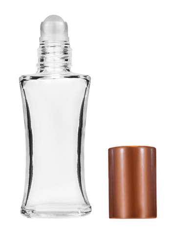 Daisy design 10ml, 1/3oz Clear glass bottle with plastic roller ball plug and matte copper cap.