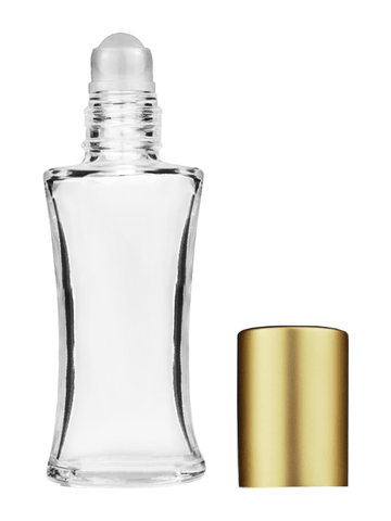 Daisy design 10ml, 1/3oz Clear glass bottle with plastic roller ball plug and matte gold cap.