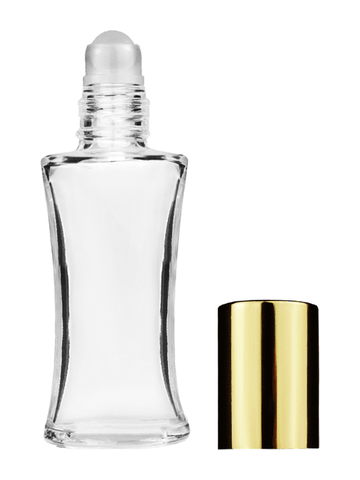 Daisy design 10ml, 1/3oz Clear glass bottle with plastic roller ball plug and shiny gold cap.