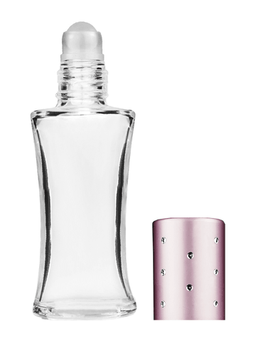 Daisy design 10ml, 1/3oz Clear glass bottle with plastic roller ball plug and pink cap with dots.