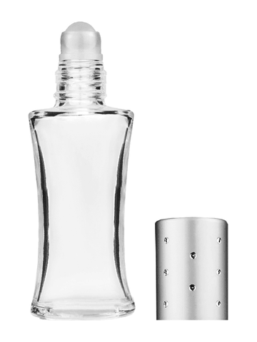Daisy design 10ml, 1/3oz Clear glass bottle with plastic roller ball plug and silver cap with dots.