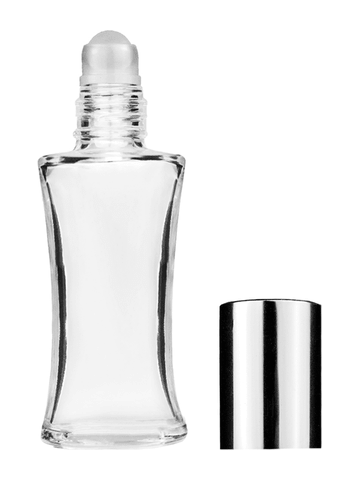 Daisy design 10ml, 1/3oz Clear glass bottle with plastic roller ball plug and shiny silver cap.