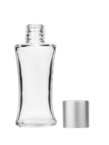 Empty Clear glass bottle with short matte silver cap capacity: 10ml, 1/3oz. For use with perfume or fragrance oil, essential oils, aromatic oils and aromatherapy.