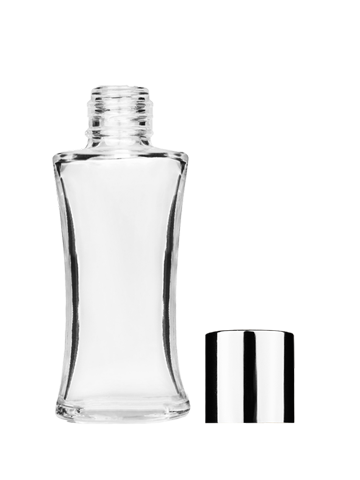 Empty Clear glass bottle with short shiny silver cap capacity: 10ml, 1/3oz. For use with perfume or fragrance oil, essential oils, aromatic oils and aromatherapy.