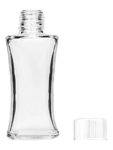 Daisy design 10ml, 1/3oz Clear glass bottle with short white cap.