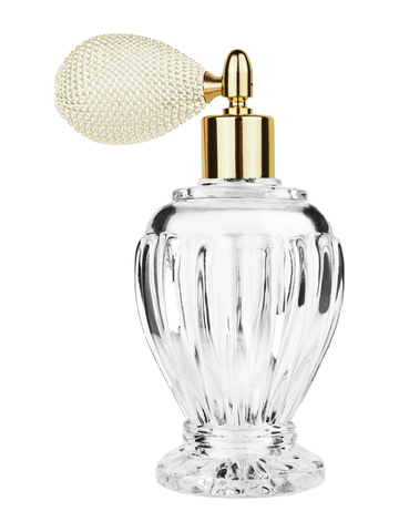 Diva design 100 ml, 3 1/2oz  clear glass bottle  with ivory vintage style bulb sprayer with shiny gold collar cap.
