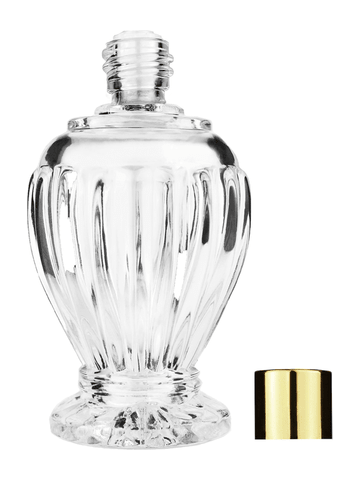 Diva design 100 ml, 3 1/2oz  clear glass bottle  with reducer and shiny gold cap.