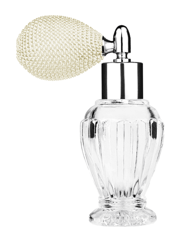 Diva design 30 ml, 1oz  clear glass bottle  with ivory vintage style bulb sprayer with shiny silver collar cap.