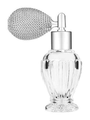 Diva design 30 ml, 1oz  clear glass bottle  with matte silver vintage style sprayer with matte silver collar cap.