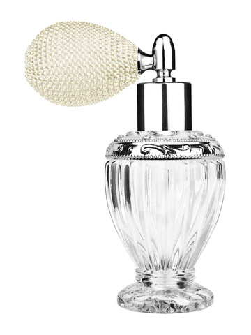Diva design 46 ml, 1.64oz clear glass bottle with Ivory vintage style bulb sprayer with shiny silver collar cap and jeweled silver ring.
