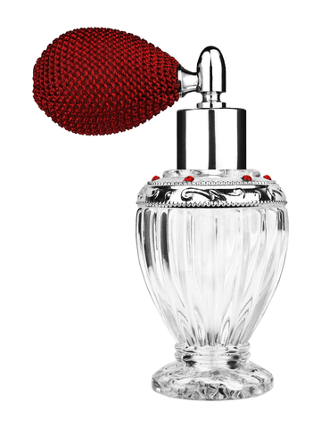 Diva design 46 ml, 1.64oz clear glass bottle with red vintage style bulb sprayer with shiny silver collar cap and jeweled silver ring.