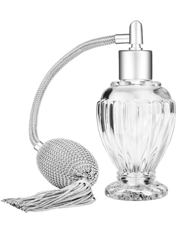 Diva design 46 ml, 1.64oz  clear glass bottle  with matte silver vintage style bulb sprayer with tassel with matte silver collar cap.