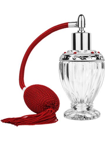 Diva design 46 ml, 1.64oz  clear glass bottle  with red vintage style bulb sprayer with tassel with shiny silver collar cap and jeweled silver ring.