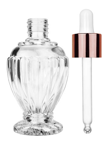 Diva design 46 ml, 1.64oz  clear glass bottle  with white dropper with shiny copper collar cap.