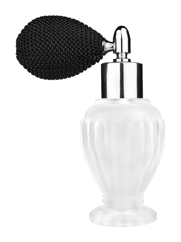Diva design 30 ml, 1oz frosted glass bottle with black vintage style bulb sprayer with shiny silver collar cap.