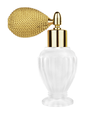 Diva design 30 ml, 1oz frosted glass bottle with gold vintage style sprayer with shiny gold collar cap.