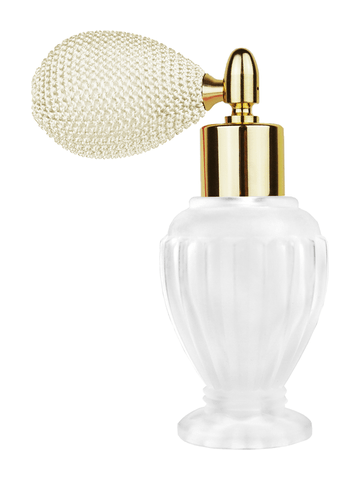 Diva design 30 ml, 1oz frosted glass bottle with ivory vintage style bulb sprayer with shiny gold collar cap.