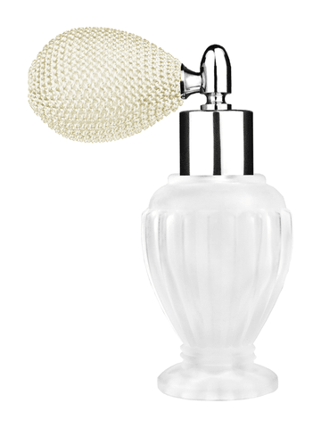 Diva design 30 ml, 1oz frosted glass bottle with ivory vintage style bulb sprayer with shiny silver collar cap.