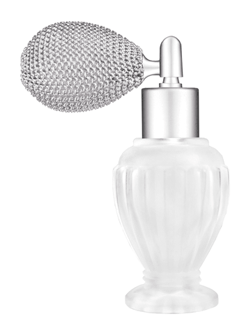 Diva design 30 ml, 1oz frosted glass bottle with matte silver vintage style sprayer with matte silver collar cap.