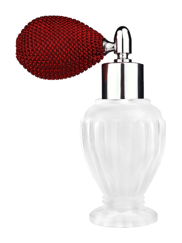 Diva design 30 ml, 1oz frosted glass bottle with red vintage style bulb sprayer with shiny silver collar cap.