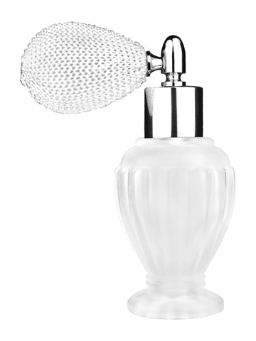 Diva design 30 ml, 1oz frosted glass bottle with white vintage style bulb sprayer with shiny silver collar cap.
