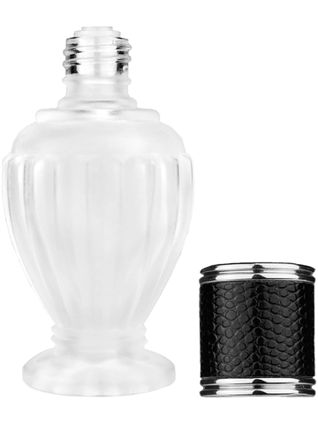 Diva design 30 ml, 1oz frosted glass bottle with reducer and black faux leather cap.