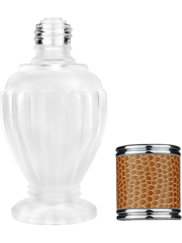 Diva design 30 ml, 1oz frosted glass bottle with reducer and brown faux leather cap.
