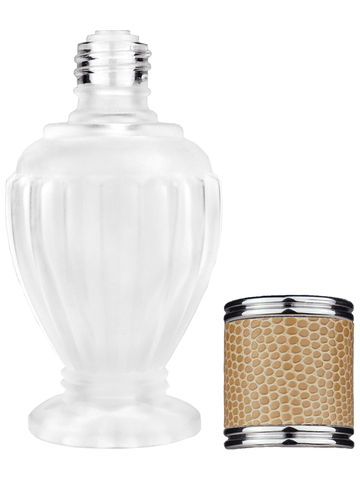 Diva design 30 ml, 1oz frosted glass bottle with reducer and light brown faux leather cap.