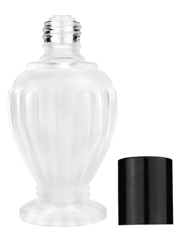Diva design 30 ml, 1oz frosted glass bottle with reducer and tall black shiny cap.