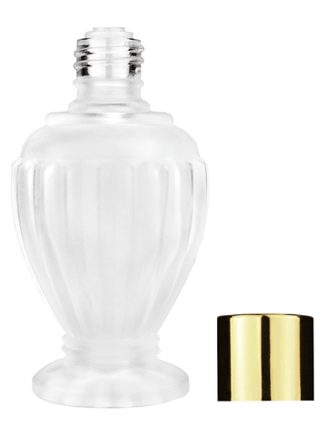 Diva design 30 ml, 1oz frosted glass bottle with reducer and shiny gold cap.