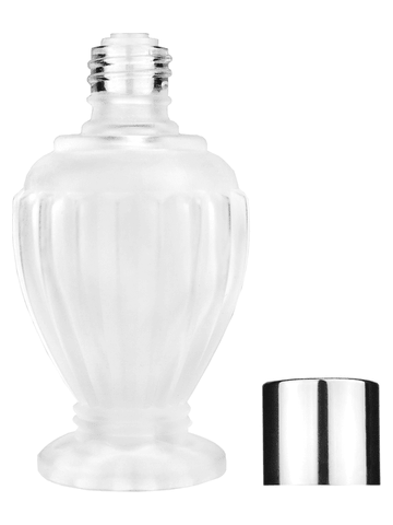 Diva design 30 ml, 1oz frosted glass bottle with reducer and shiny silver cap.