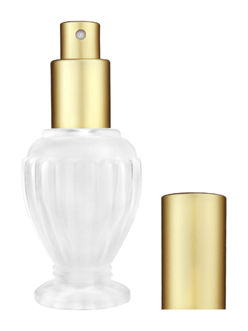 Diva design 30 ml, 1oz frosted glass bottle with matte gold spray pump.