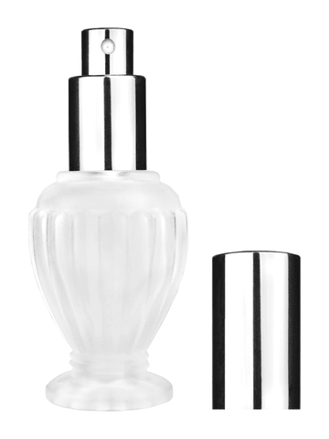 Diva design 30 ml, 1oz frosted glass bottle with shiny silver spray pump.