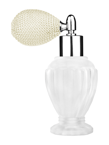 Diva design 46 ml, 1.64oz frosted glass bottle with ivory vintage style bulb sprayer with shiny silver collar cap.