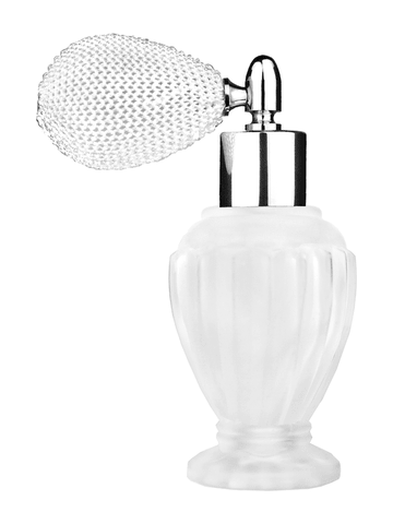 Diva design 46 ml, 1.64oz frosted glass bottle with white vintage style bulb sprayer with shiny silver collar cap.