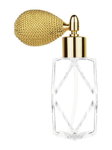 Diamond design 60ml, 2 ounce  clear glass bottle  with gold vintage style sprayer with shiny gold collar cap.