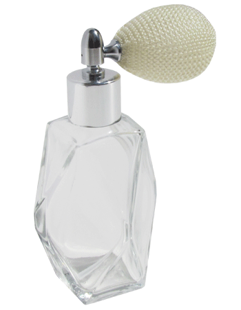 Diamond design 60ml, 2 ounce  clear glass bottle  with ivory vintage style bulb sprayer with shiny silver collar cap.