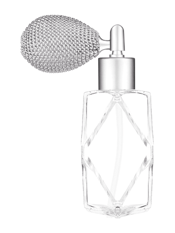 Diamond design 60ml, 2 ounce  clear glass bottle  with matte silver vintage style sprayer with matte silver collar cap.
