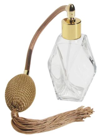 Diamond design 60ml, 2 ounce  clear glass bottle  with Gold vintage style bulb sprayer with tassel with shiny gold collar cap.