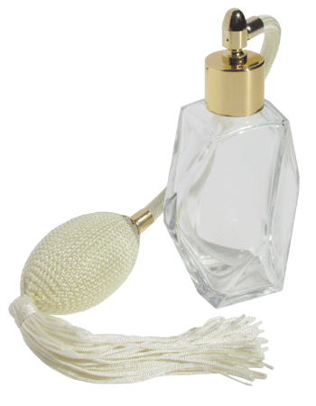 Diamond design 60ml, 2 ounce  clear glass bottle  with Ivory vintage style bulb sprayer with tassel with shiny gold collar cap.