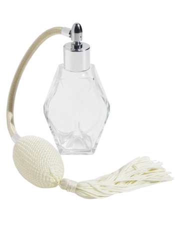 Diamond design 60ml, 2 ounce  clear glass bottle  with Ivory vintage style bulb sprayer with tassel with shiny silver collar cap.