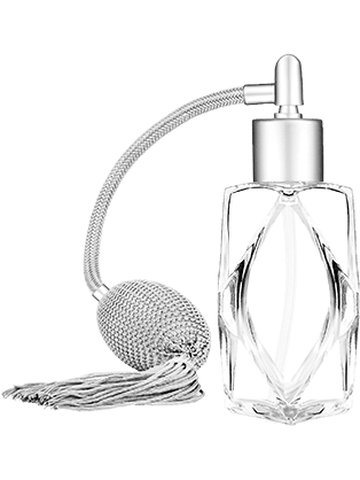 Diamond design 60ml, 2 ounce  clear glass bottle  with Silver vintage style bulb sprayer with tassel with matte silver collar cap.
