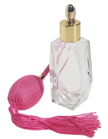 Diamond design 60ml, 2 ounce  clear glass bottle  with Pink vintage style bulb sprayer with tassel with shiny gold collar cap.