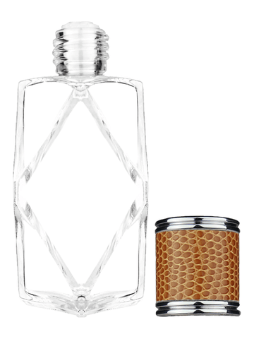 Diamond design 60ml, 2 ounce  clear glass bottle  with reducer and brown faux leather cap.